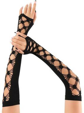 Women's Black Cutout Fishnet Long Fingerless Hollow Gothic Cosplay Gloves